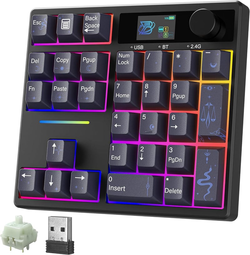 Boyi TD31Pro Mechanical Number Pad,Bluetooth5.0/2.4G/Type-C Wireless Numeric Keypad,RGB HotSwap Numpad with Screen&Knob,PBT Keycaps Gasket keypad Programmable for Win/Mac/Gaming(Black-Star Moon) - Image 1